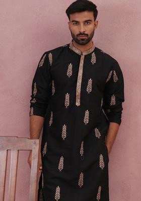 Black Embroidery Silk Kurta Pyjama Set For Men