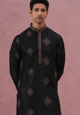 Black Embroidery Silk Kurta Pyjama Set For Men
