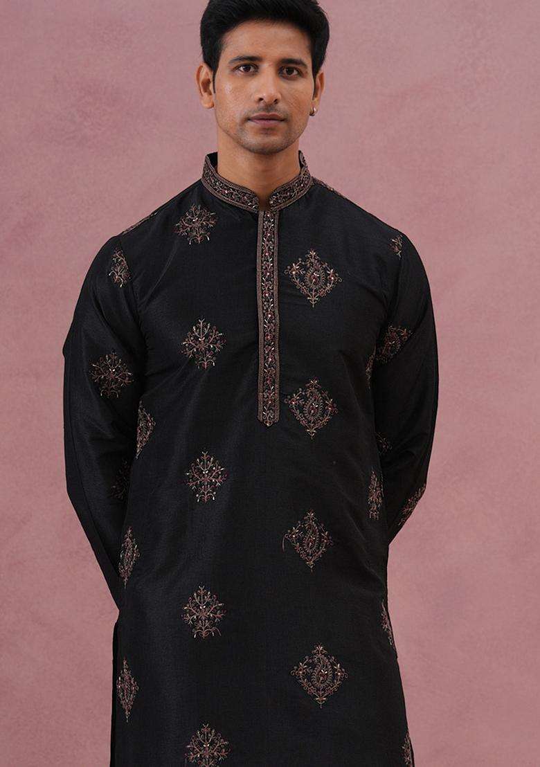 Black Embroidery Silk Blend Kurta Pyjama Set For Men - Indya