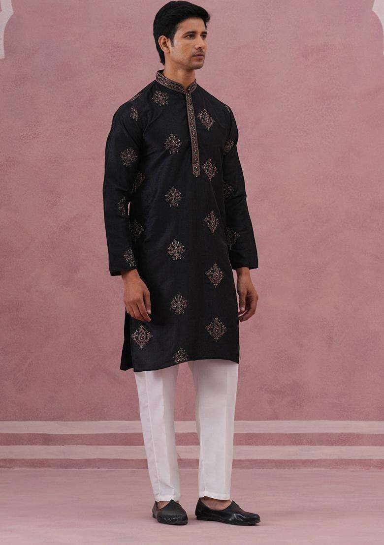 Black Embroidery Silk Blend Kurta Pyjama Set For Men - Indya