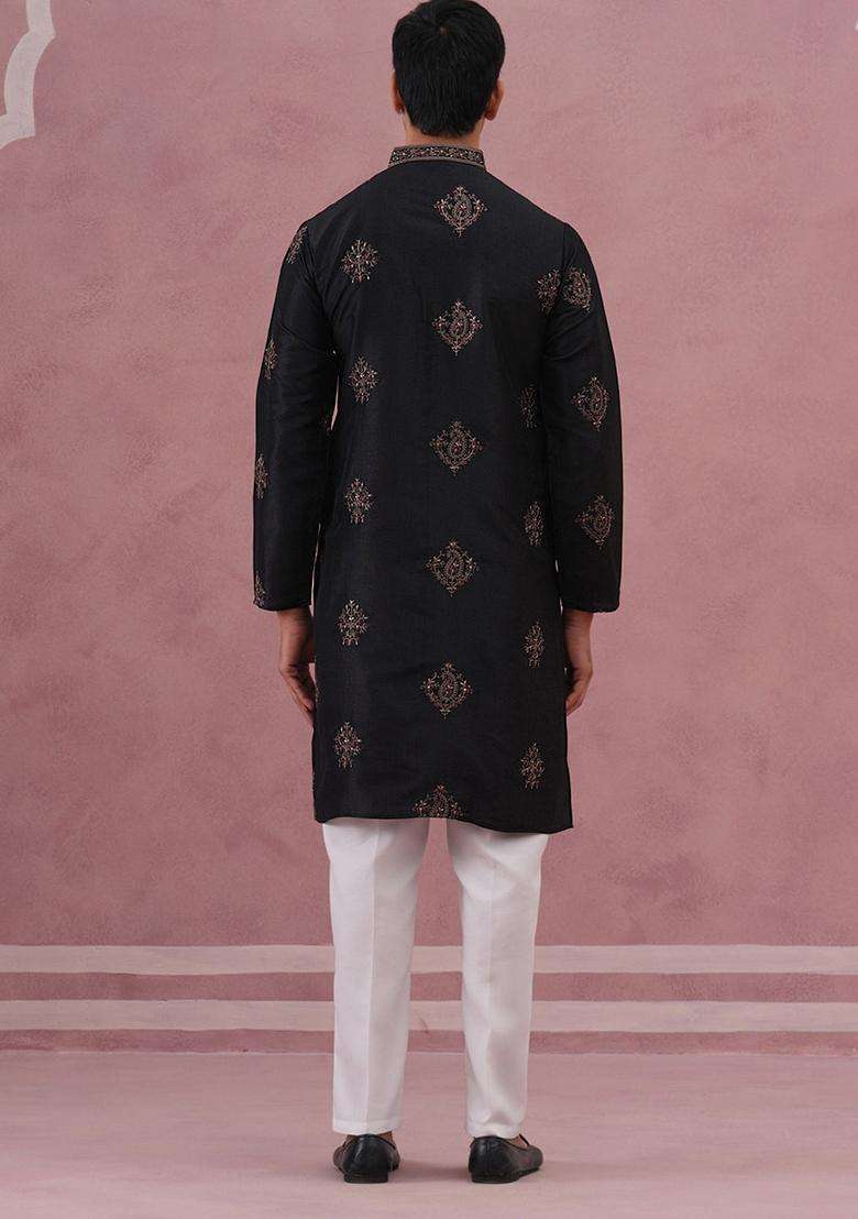Black Embroidery Silk Blend Kurta Pyjama Set For Men - Indya