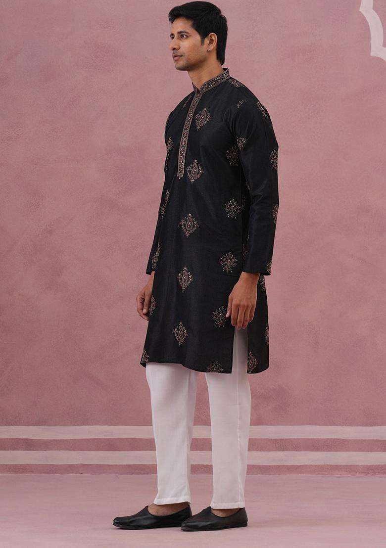 Black Embroidery Silk Blend Kurta Pyjama Set For Men - Indya