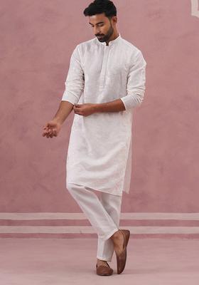 White Embroidery Silk Blend Kurta Pyjama Set For Men