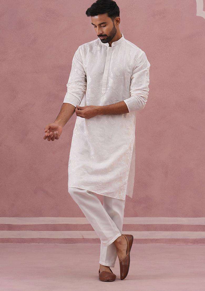 White Embroidery Silk Blend Kurta Pyjama Set For Men - Indya