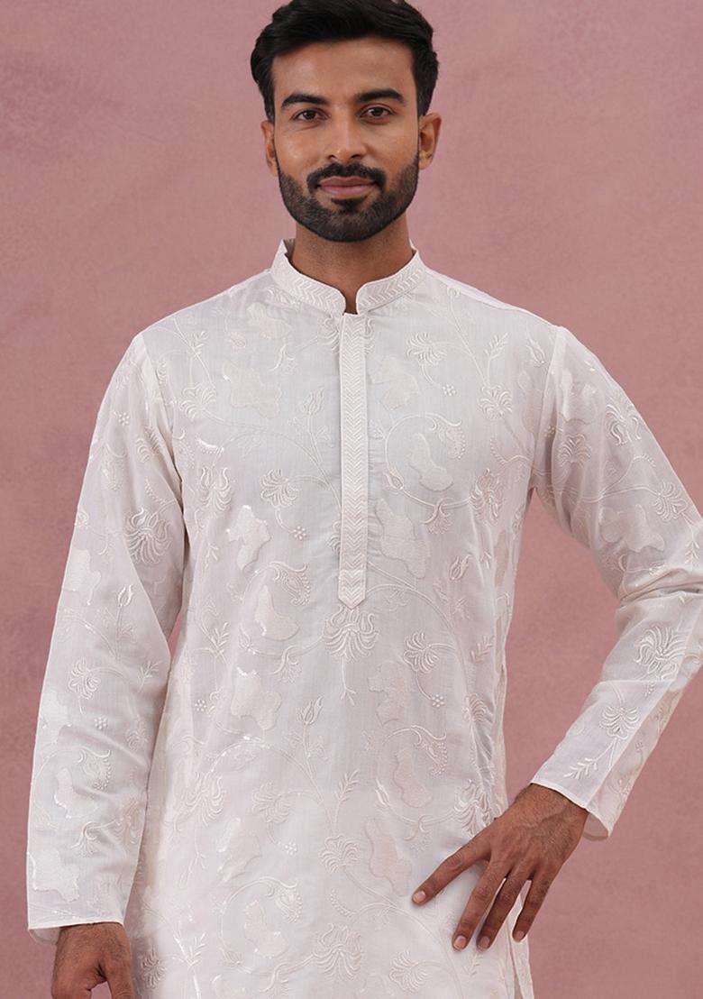 White Embroidery Silk Blend Kurta Pyjama Set For Men - Indya