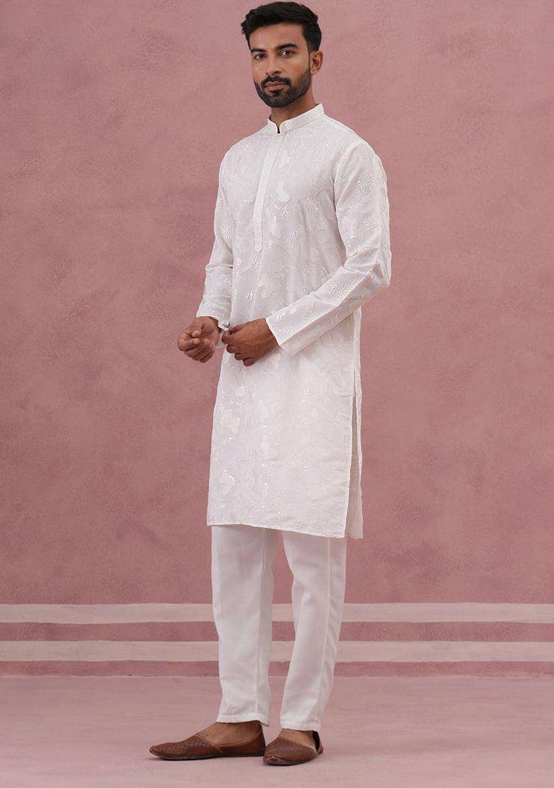 White Embroidery Silk Blend Kurta Pyjama Set For Men - Indya
