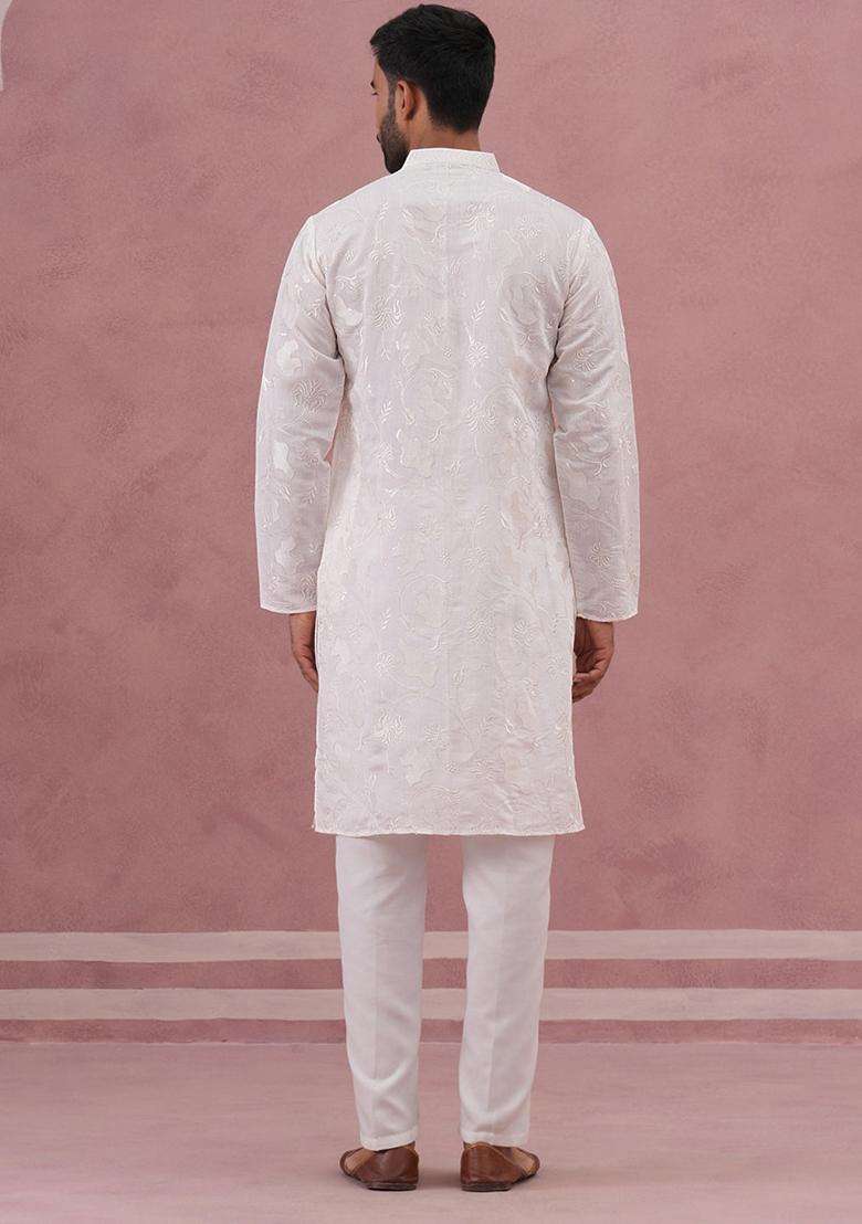 White Embroidery Silk Blend Kurta Pyjama Set For Men - Indya