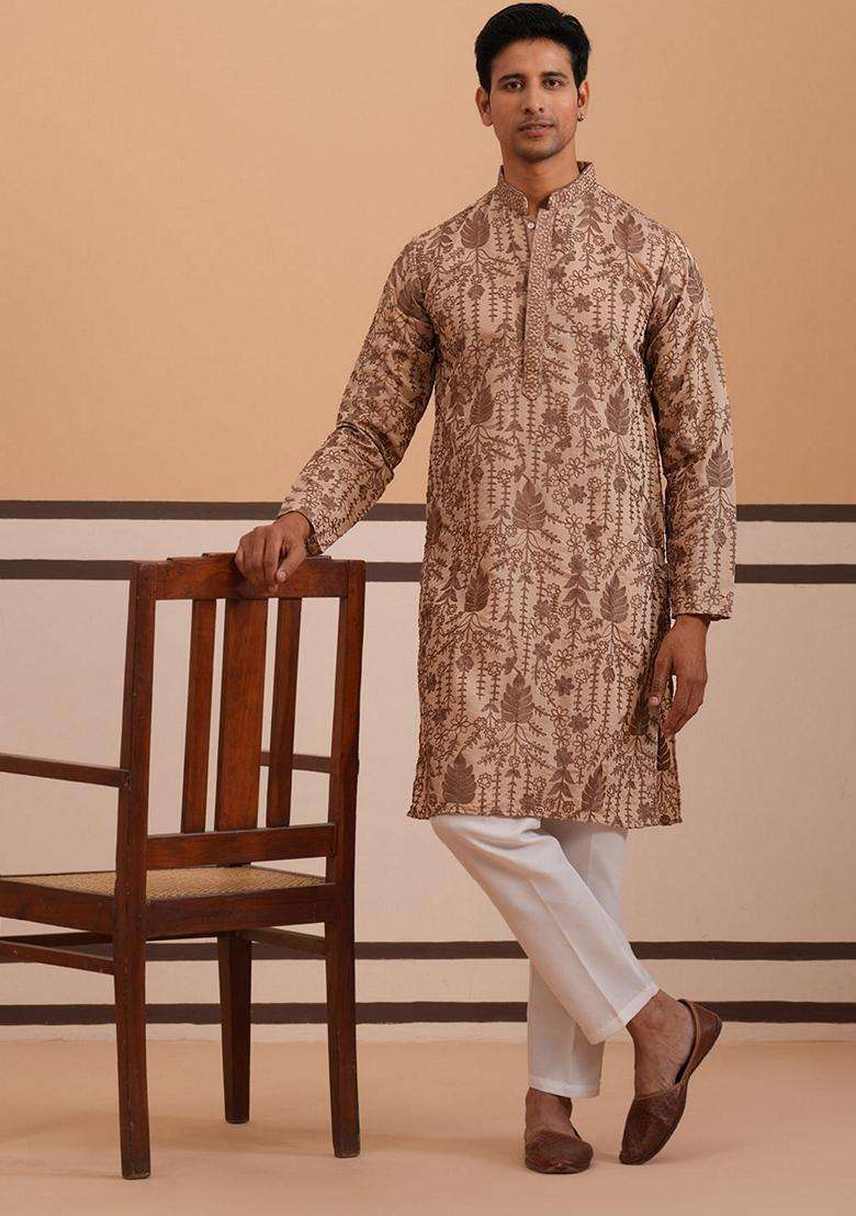 Brown Embroidery Cotton Kurta Pyjama Set For Men - Indya