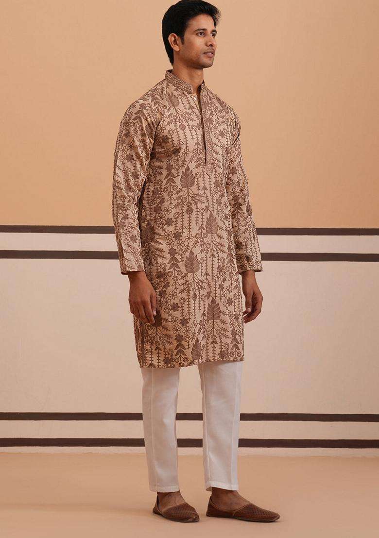 Brown Embroidery Cotton Kurta Pyjama Set For Men - Indya