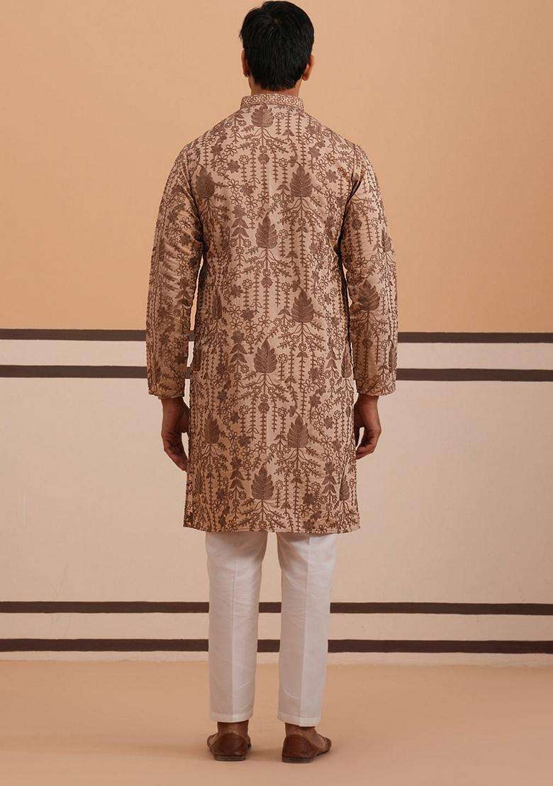 Brown Embroidery Cotton Kurta Pyjama Set For Men - Indya