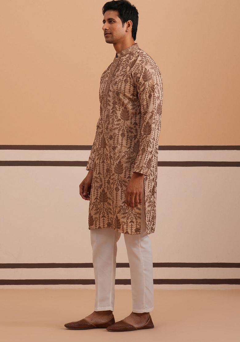 Brown Embroidery Cotton Kurta Pyjama Set For Men - Indya