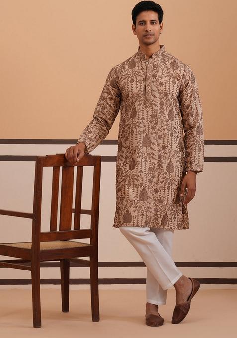 Brown Embroidery Cotton Kurta Pyjama Set For Men
