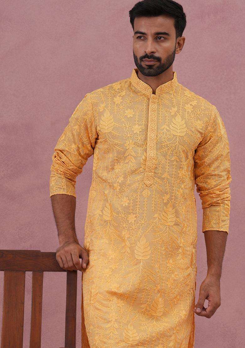 Yellow Embroidery Cotton Kurta Pyjama Set For Men - Indya