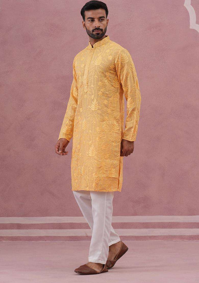 Yellow Embroidery Cotton Kurta Pyjama Set For Men - Indya