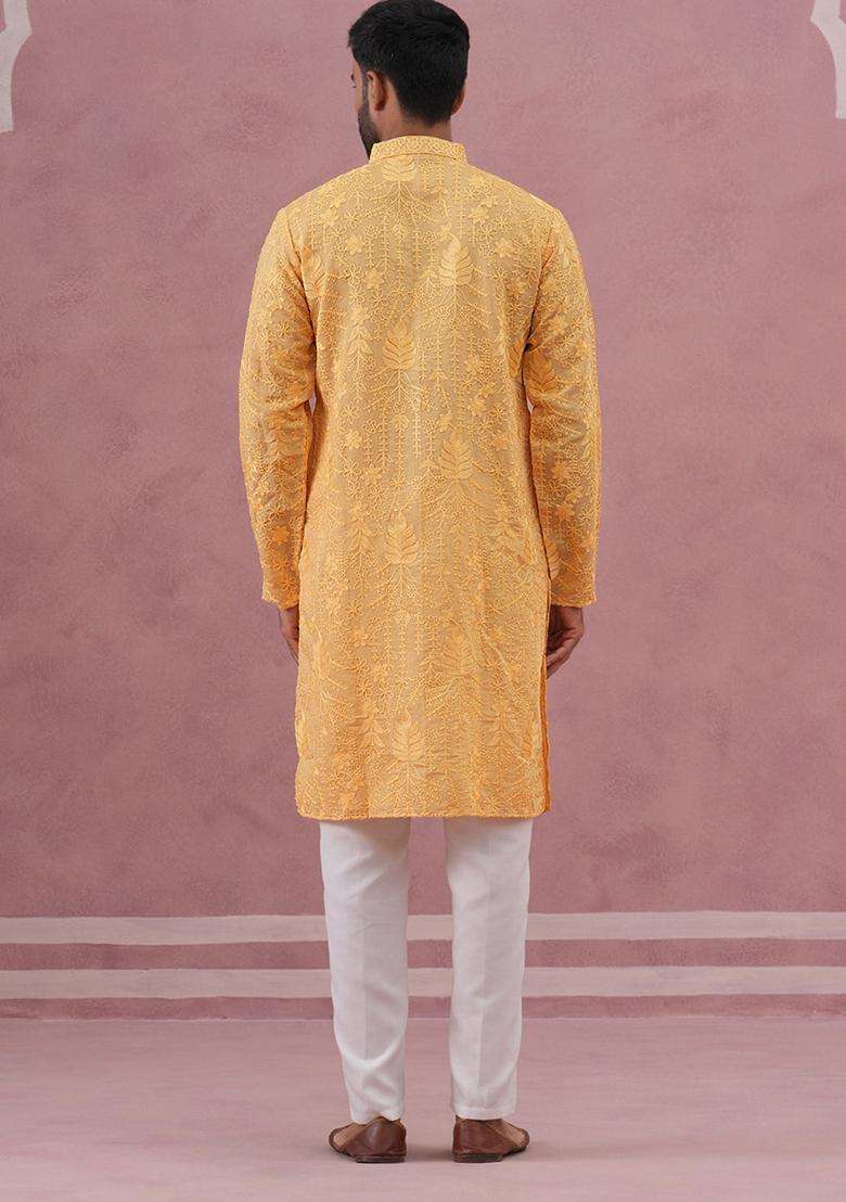 Yellow Embroidery Cotton Kurta Pyjama Set For Men - Indya