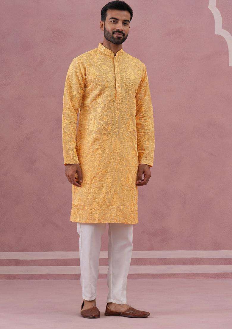 Yellow Embroidery Cotton Kurta Pyjama Set For Men - Indya