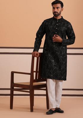Black Embroidery Silk Kurta Pyjama Set For Men