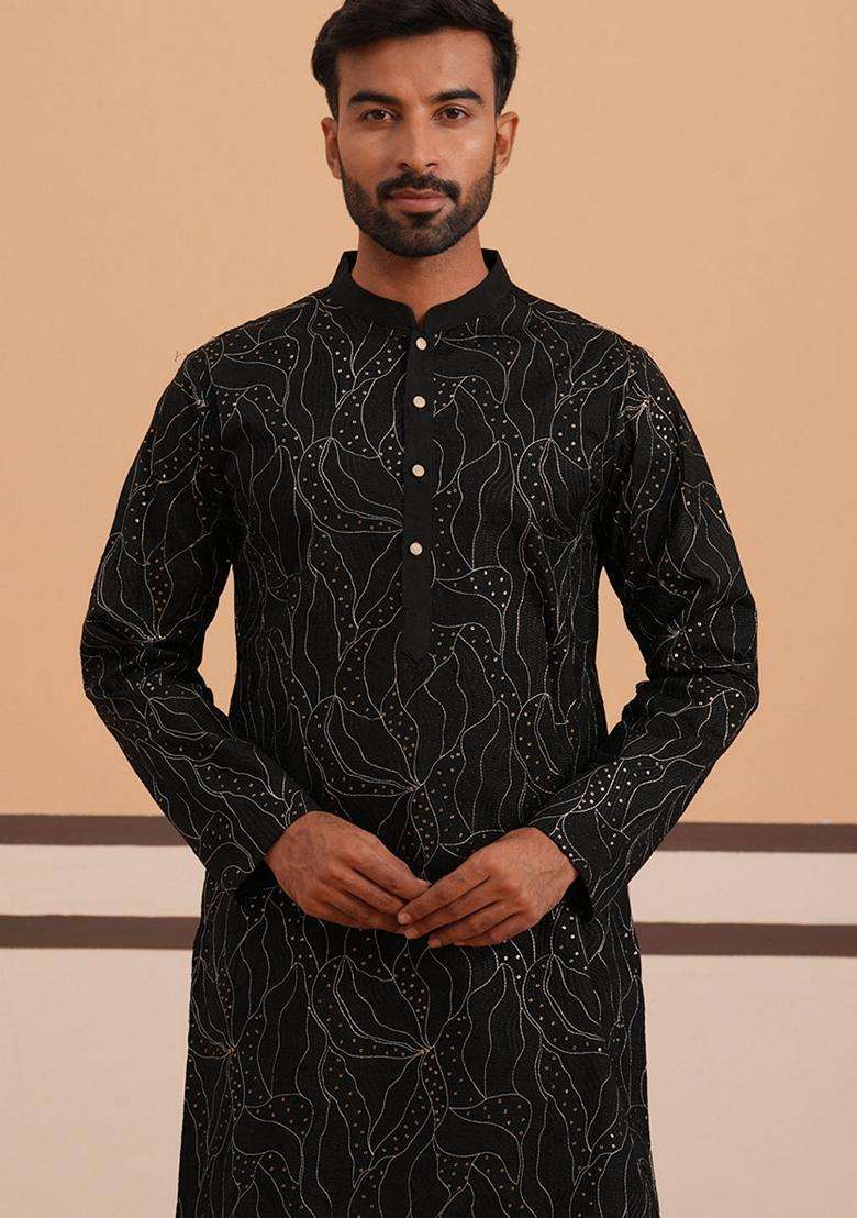 Black Embroidery Silk Blend Kurta Pyjama Set For Men - Indya