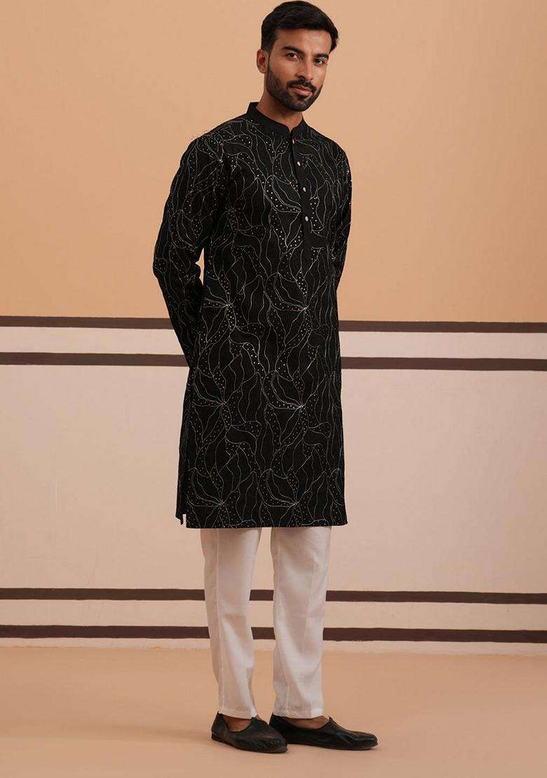 Black Embroidery Silk Blend Kurta Pyjama Set For Men - Indya