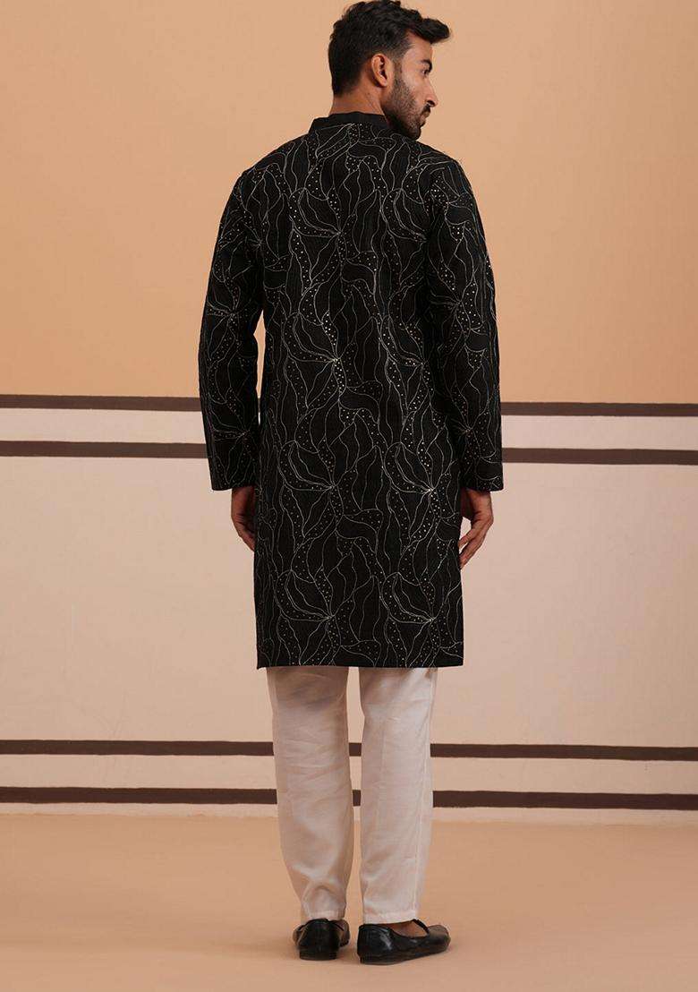 Black Embroidery Silk Blend Kurta Pyjama Set For Men - Indya