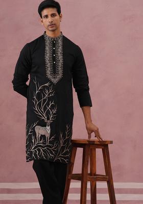 Black Embroidery Silk Kurta Pyjama Set For Men