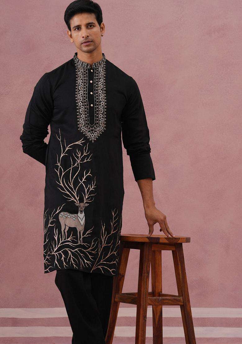 Black Embroidery Silk Blend Kurta Pyjama Set For Men - Indya
