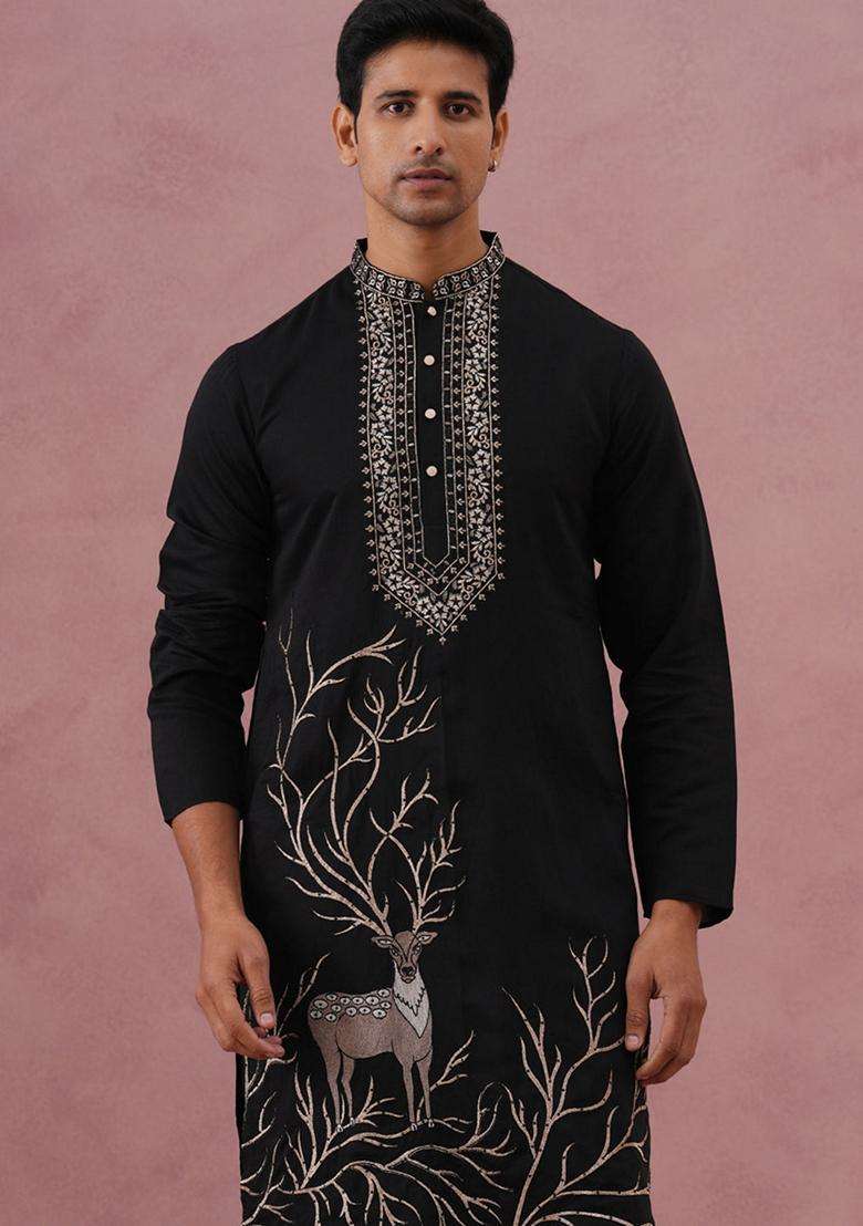 Black Embroidery Silk Blend Kurta Pyjama Set For Men - Indya