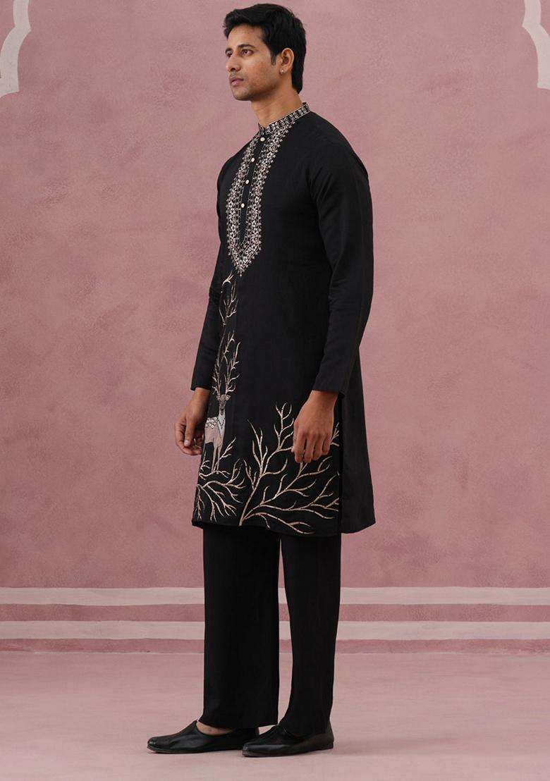 Black Embroidery Silk Blend Kurta Pyjama Set For Men - Indya