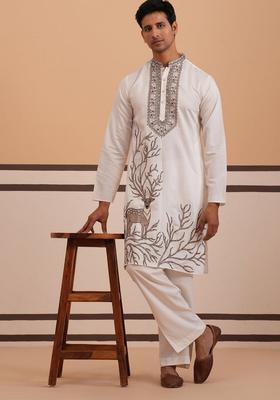 White Embroidery Silk Kurta Pyjama Set For Men