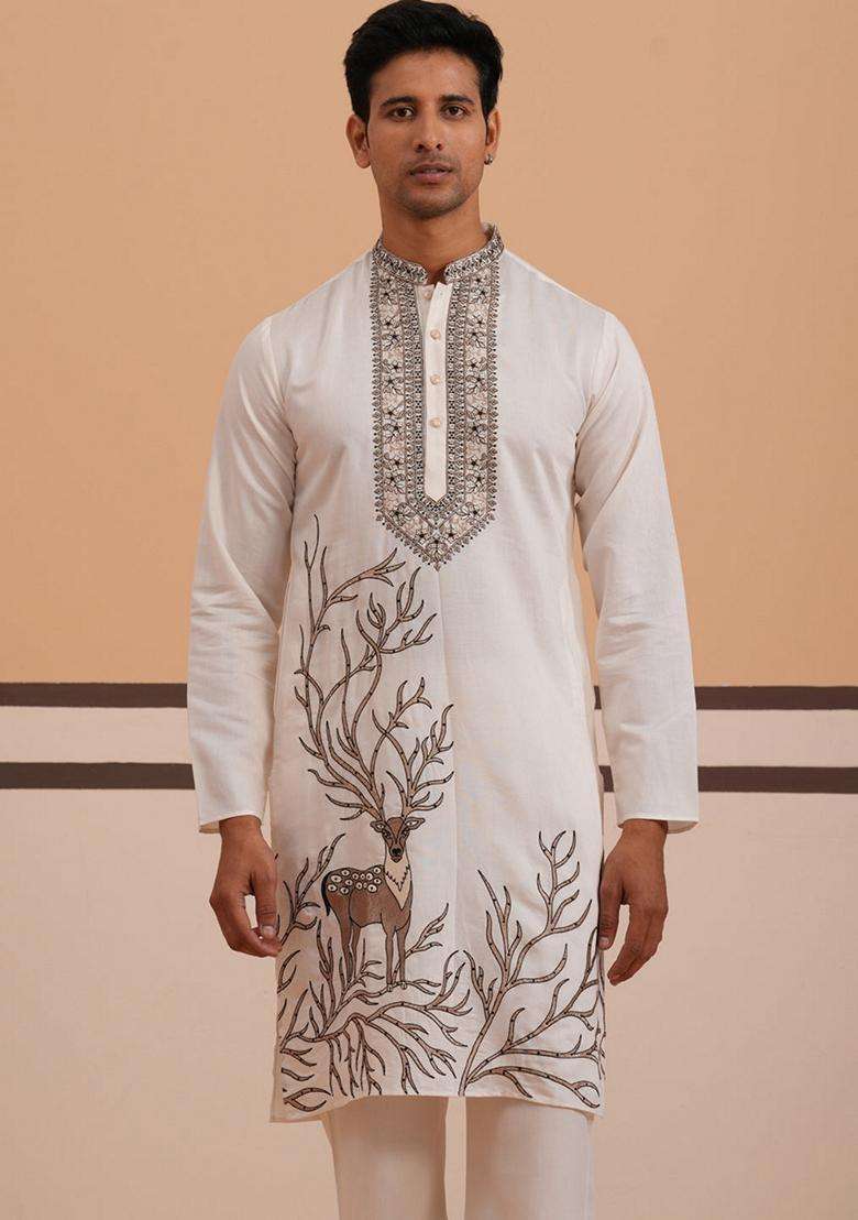 White Embroidery Silk Blend Kurta Pyjama Set For Men - Indya