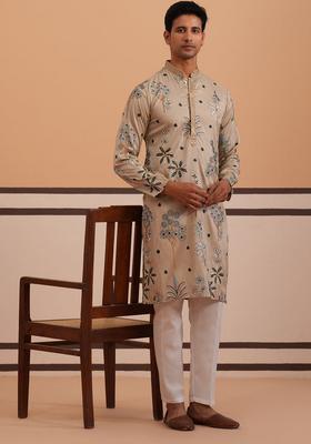 Beige Embroidery Cotton Kurta Pyjama Set For Men