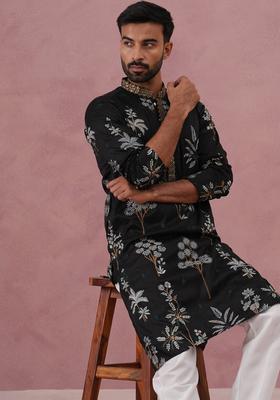 Black Embroidery Cotton Kurta Pyjama Set For Men