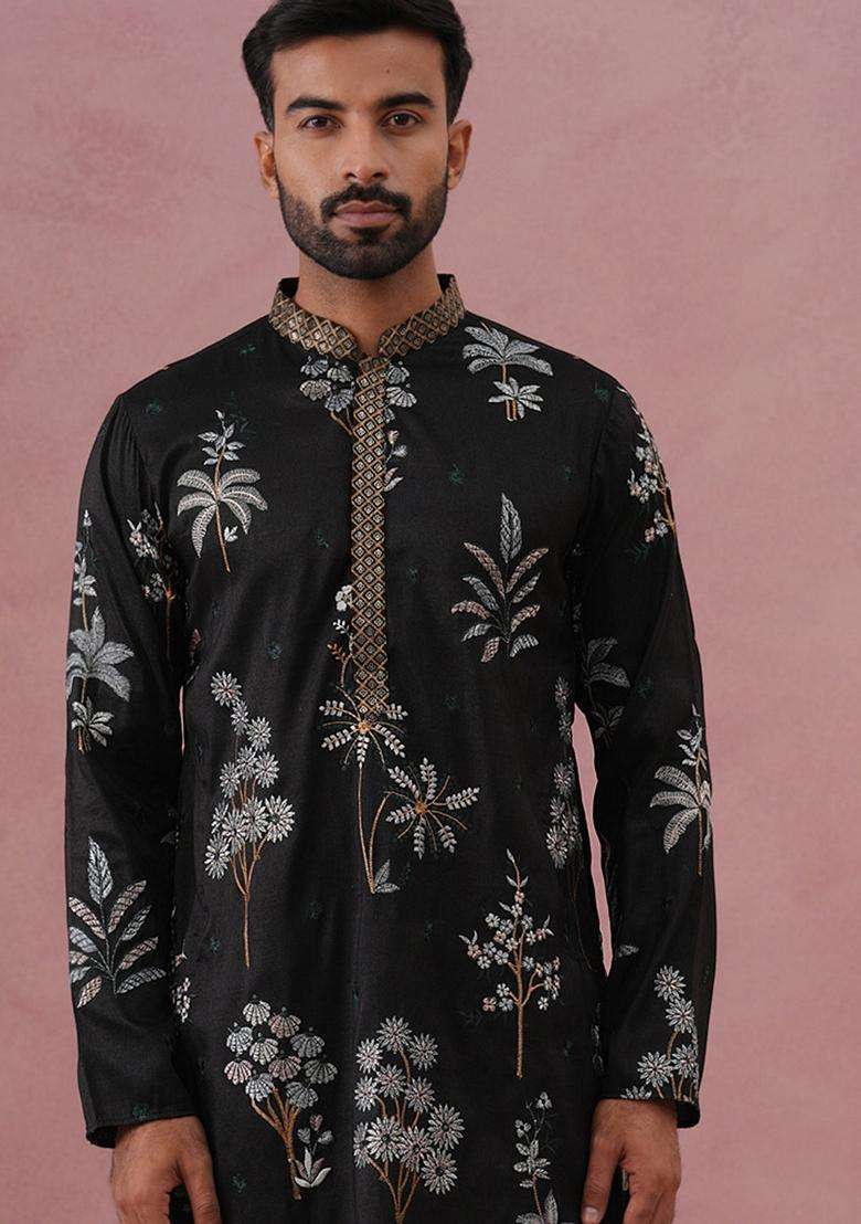Black Embroidery Cotton Kurta Pyjama Set For Men - Indya