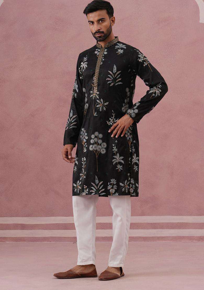 Black Embroidery Cotton Kurta Pyjama Set For Men - Indya