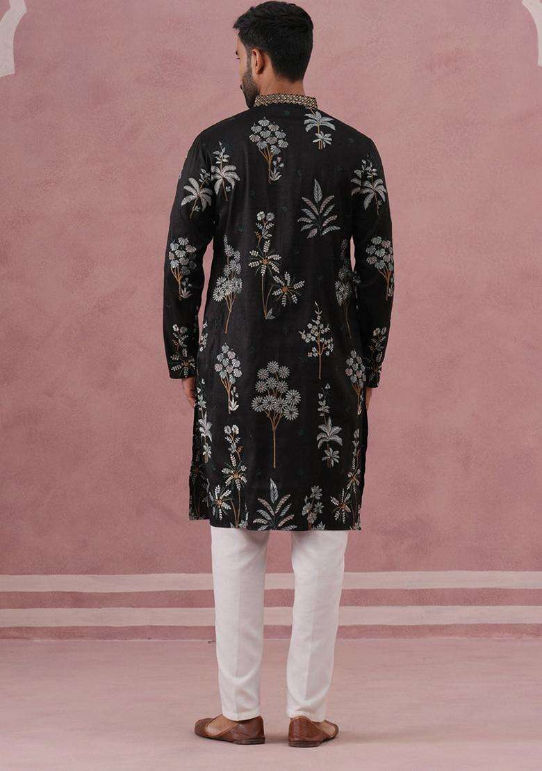 Black Embroidery Cotton Kurta Pyjama Set For Men - Indya
