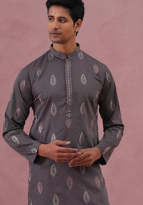 Grey Embroidery Silk Kurta Pyjama Set For Men