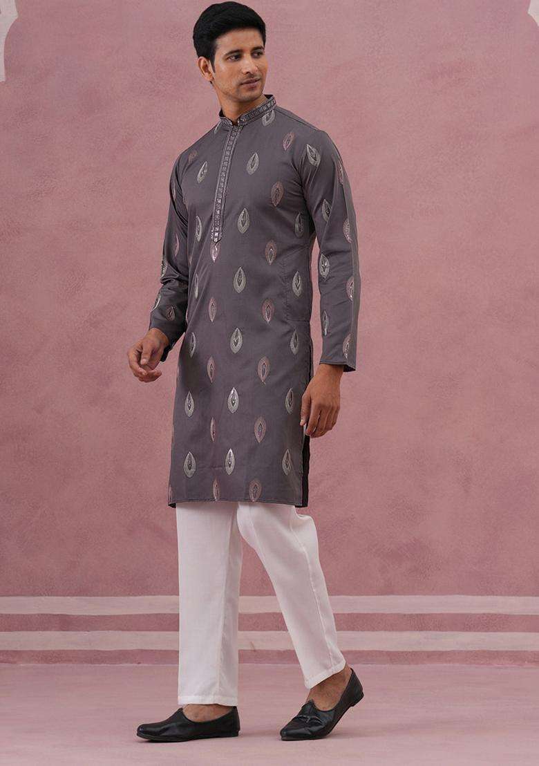 Grey Embroidery Silk Blend Kurta Pyjama Set For Men - Indya
