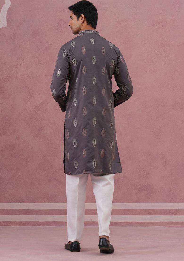 Grey Embroidery Silk Blend Kurta Pyjama Set For Men - Indya
