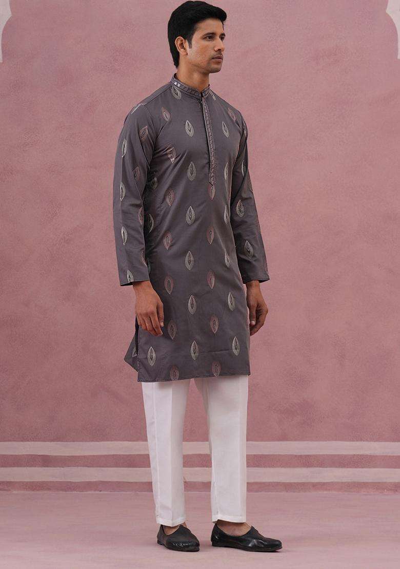 Grey Embroidery Silk Blend Kurta Pyjama Set For Men - Indya