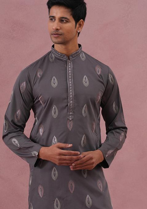 Grey Embroidery Silk Kurta Pyjama Set For Men