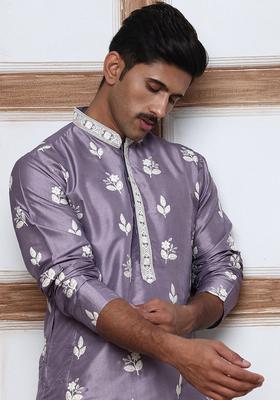Purple Embroidery Silk Kurta Pyjama Set For Men