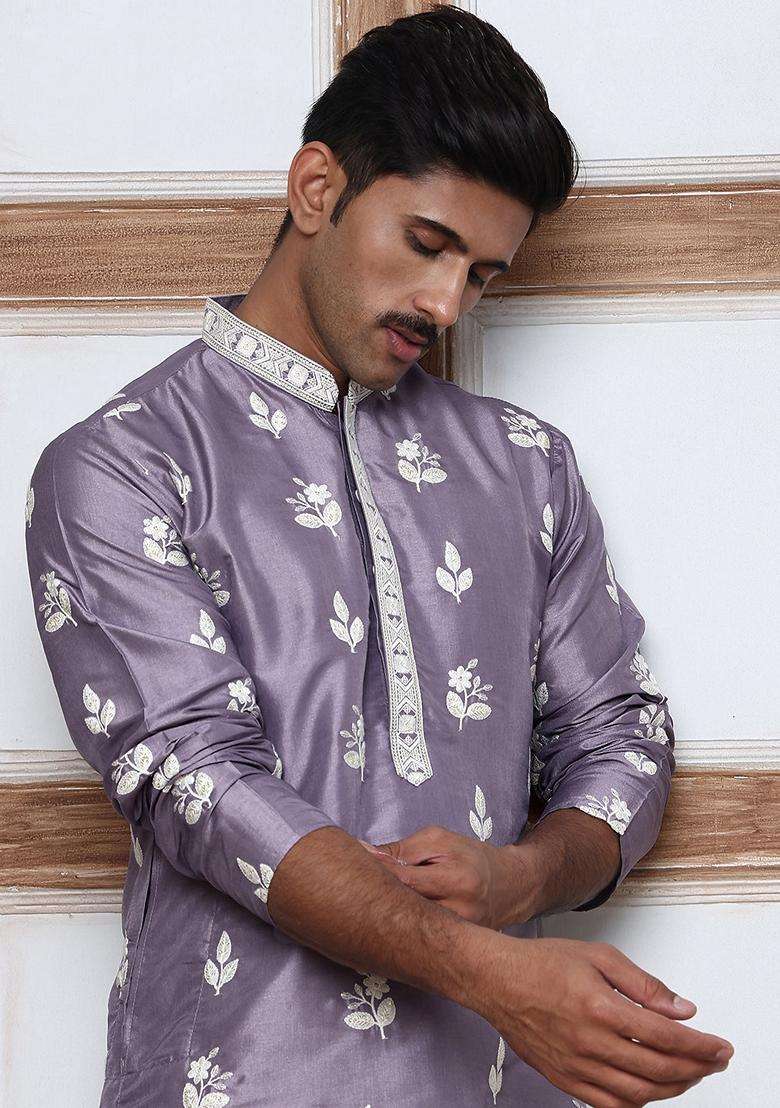 Purple Embroidery Silk Blend Kurta Pyjama Set For Men - Indya