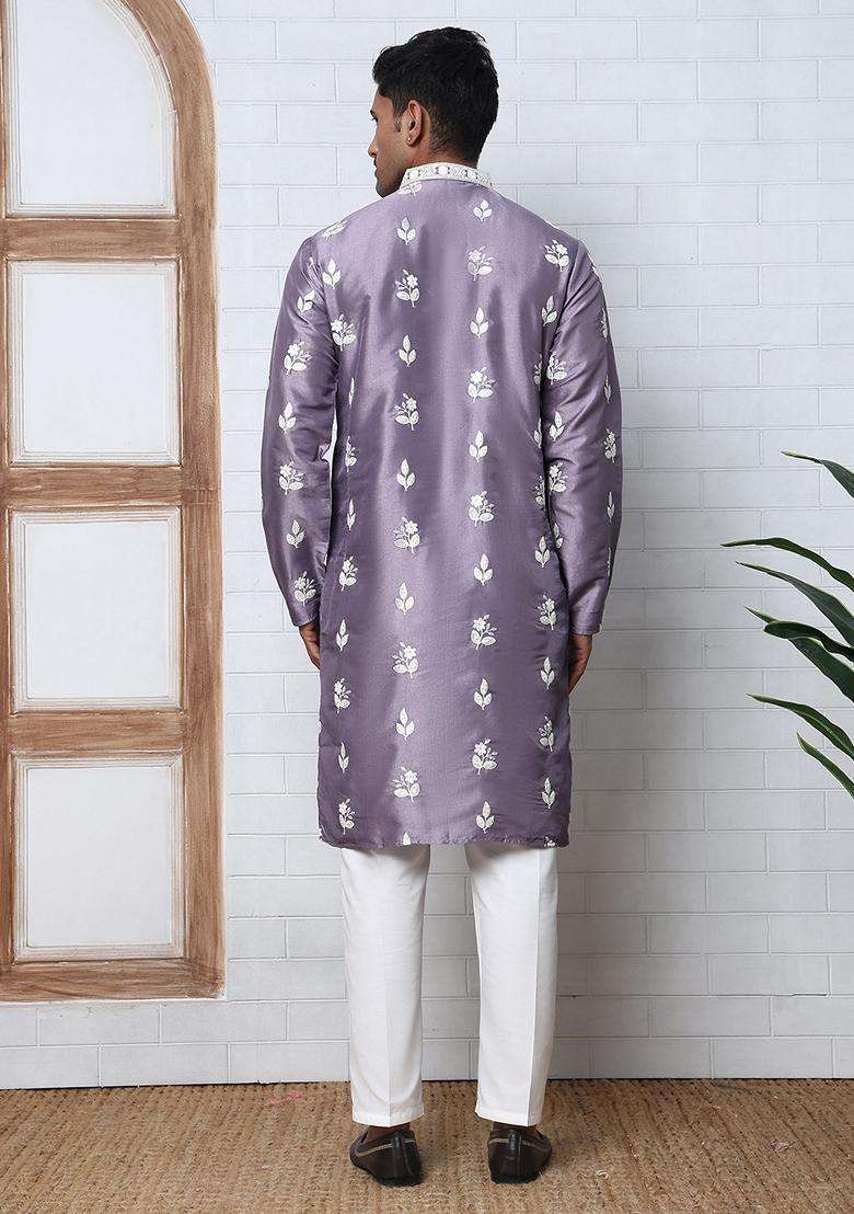 Purple Embroidery Silk Blend Kurta Pyjama Set For Men - Indya