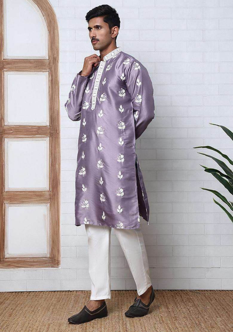Purple Embroidery Silk Blend Kurta Pyjama Set For Men - Indya