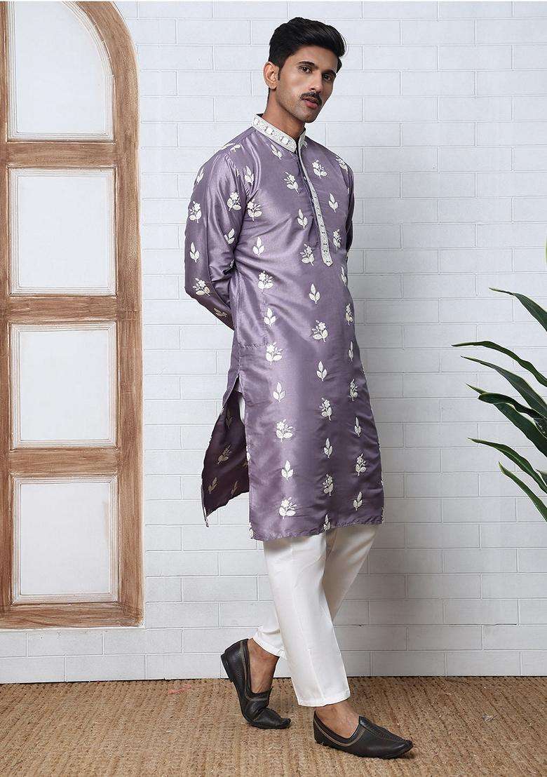 Purple Embroidery Silk Blend Kurta Pyjama Set For Men - Indya