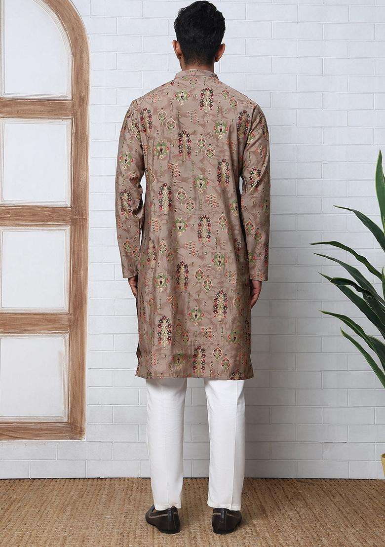 Brown Printed Silk Blend Kurta Pyjama Set For Men - Indya