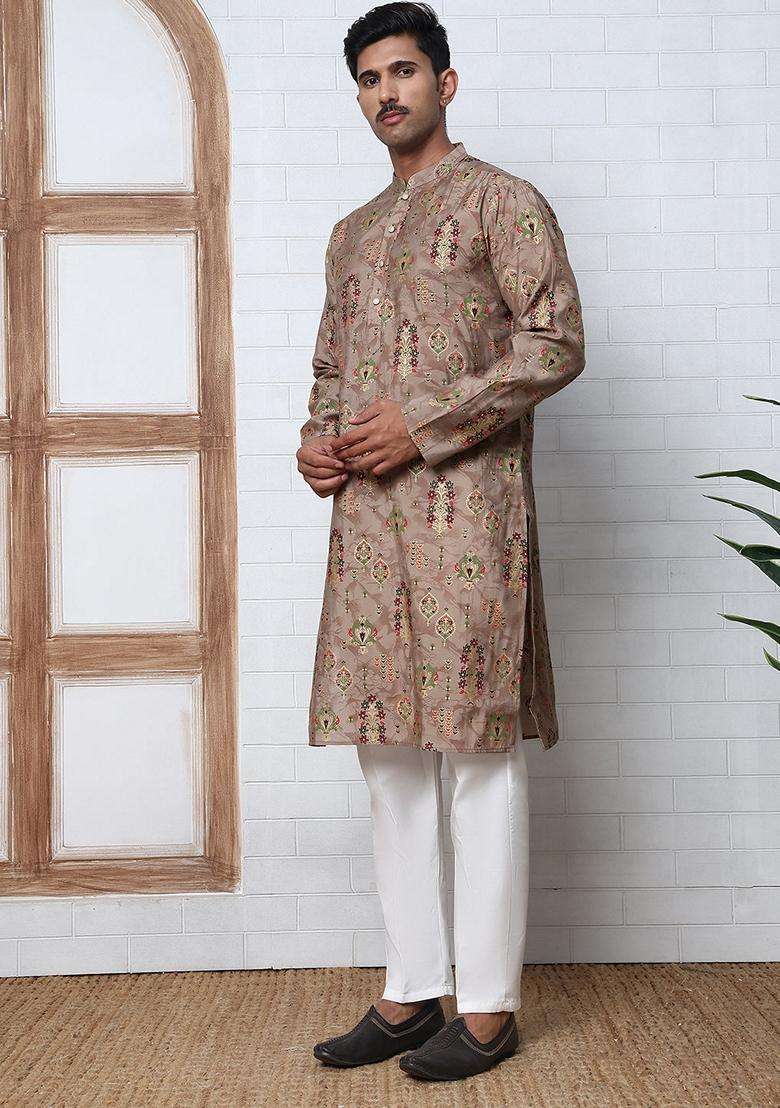 Brown Printed Silk Blend Kurta Pyjama Set For Men - Indya