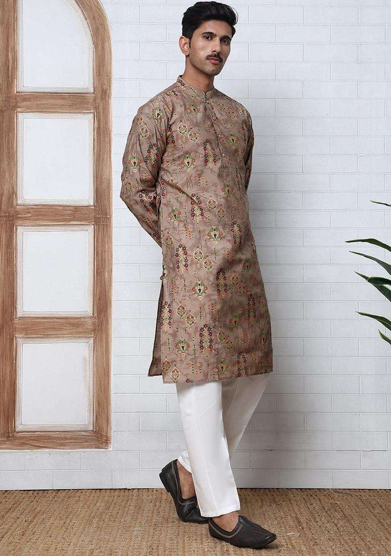 Brown Printed Silk Blend Kurta Pyjama Set For Men - Indya