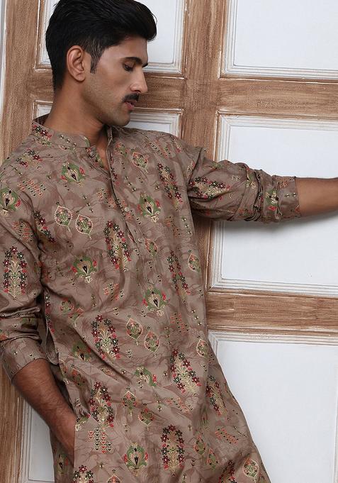 Brown Printed Silk Kurta Pyjama Set For Men