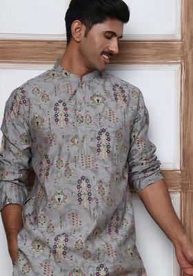 Grey Printed Silk Kurta Pyjama Set For Men